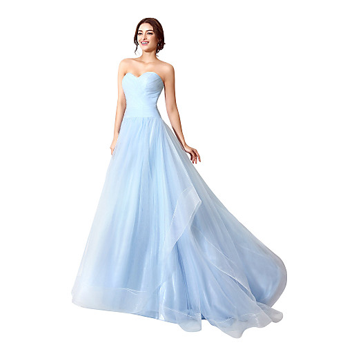 

A-Line Beautiful Back Minimalist Engagement Formal Evening Dress Sweetheart Neckline Sleeveless Court Train Tulle with Ruched 2021