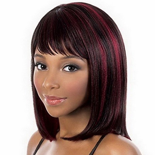 

Synthetic Wig Bangs kinky Straight Bob Wig Burgundy Medium Length Black / Burgundy Synthetic Hair 14 inch Women's Fashionable Design Smooth Classic Burgundy