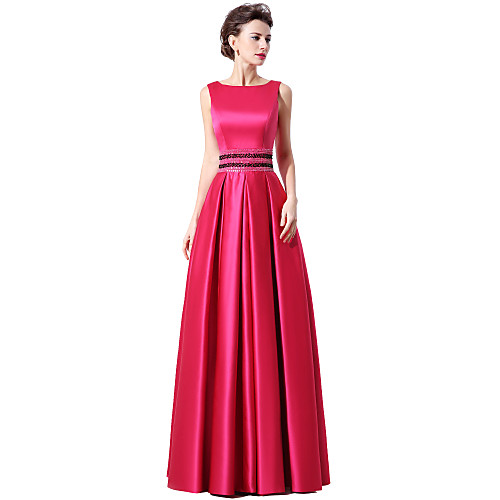 

A-Line Minimalist Elegant Engagement Formal Evening Dress Boat Neck Sleeveless Floor Length Satin with Sash / Ribbon Sequin 2021