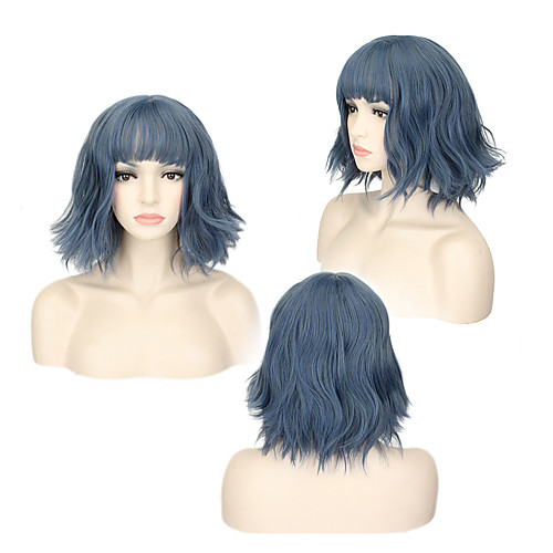 

Synthetic Wig Wavy Minaj Bob With Bangs Wig Short Blue Synthetic Hair 14INCH Women's Adjustable Heat Resistant Classic Blue