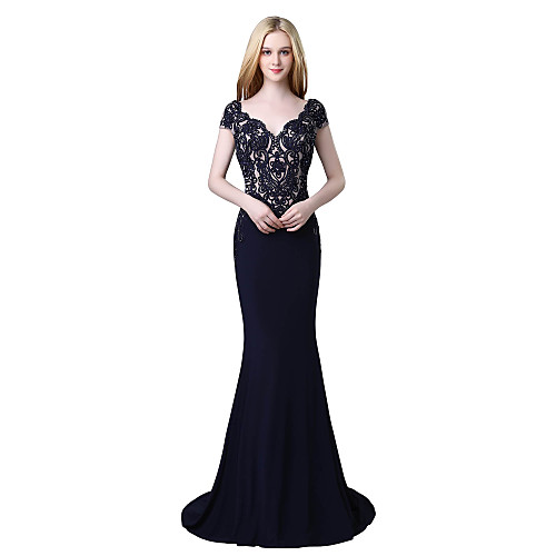 

Mermaid / Trumpet Beautiful Back Elegant Engagement Formal Evening Dress Scalloped Neckline Short Sleeve Court Train Chiffon with Beading Lace Insert 2021