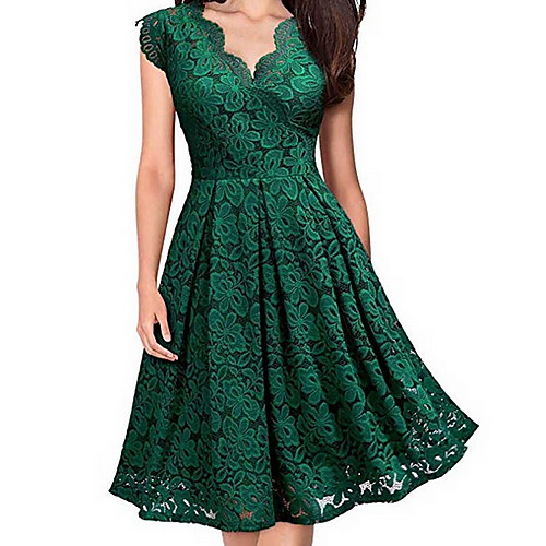 

Women's Skater Dress - Short Sleeve Floral Spring & Summer V Neck Lace Party Party & Evening Slim 2020 Black Purple Red Green S M L XL