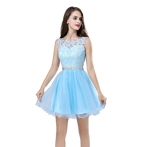 

A-Line Beautiful Back Floral Homecoming Cocktail Party Dress Illusion Neck Sleeveless Short / Mini Tulle with Sash / Ribbon Beading Appliques 2021