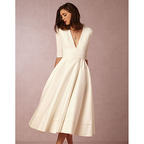 

A-Line Minimalist White Holiday Cocktail Party Dress V Neck Half Sleeve Tea Length Jersey with Pleats 2020