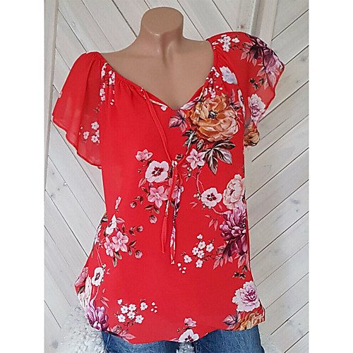 

Women's Weekend Street chic Plus Size Loose Blouse - Floral V Neck Red XXXL