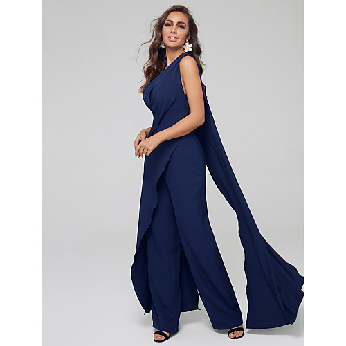 

Pantsuit / Jumpsuit Mother of the Bride Dress Plus Size Sexy One Shoulder Sweep / Brush Train Spandex Sleeveless with Pleats 2021