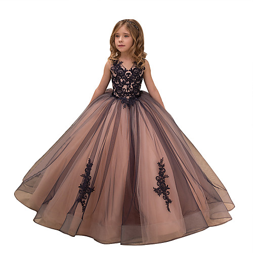 

Ball Gown Maxi Birthday / Pageant Flower Girl Dresses - Tulle / Satin Chiffon Sleeveless V Neck with Lace / Embroidery / Appliques