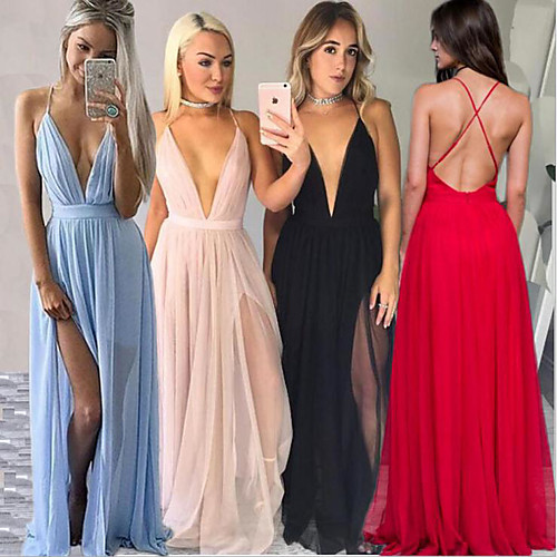 

A-Line Sexy Blue Holiday Party Wear Dress V Neck Sleeveless Sweep / Brush Train Chiffon with Split Front 2020