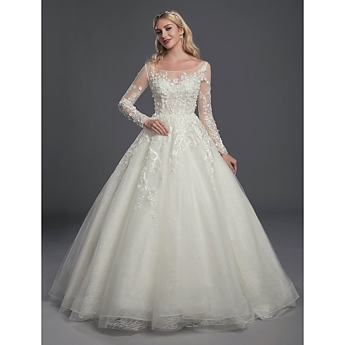 

Ball Gown Wedding Dresses Scoop Neck Court Train Lace Tulle Long Sleeve Romantic Glamorous See-Through Illusion Sleeve with Buttons Appliques 2021