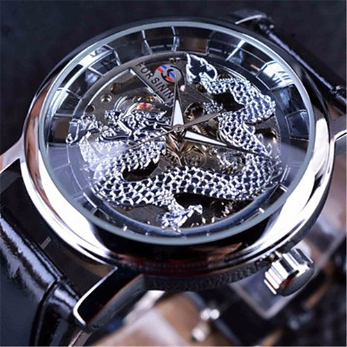 

FORSINING Men's Mechanical Watch Automatic self-winding Genuine Leather Black Hollow Engraving Large Dial Analog Casual Skull - Black Black / Silver White / Silver