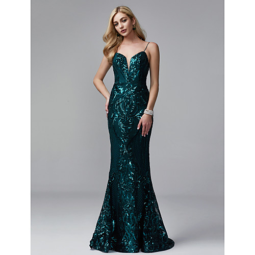 

Mermaid / Trumpet Sparkle & Shine Beaded & Sequin Formal Evening Black Tie Gala Dress Spaghetti Strap Sleeveless Sweep / Brush Train Sequined with Sequin 2021
