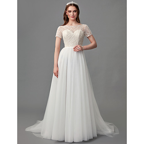 

A-Line Wedding Dresses Jewel Neck Sweep / Brush Train Lace Satin Tulle Short Sleeve 3/4 Length Sleeve Sexy with Lace Beading 2021