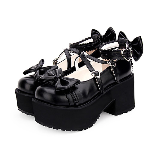 

Women's Lolita Shoes Princess Lolita Wedge Heel Shoes Solid Colored 8 cm Black White Ink Blue PU Leather Halloween Costumes