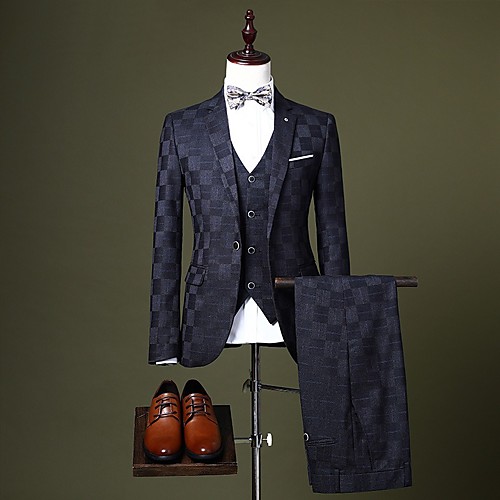 

Burgundy / Black / Royal Blue Checkered Tailored Fit Polyester Suit - Notch Single Breasted One-button