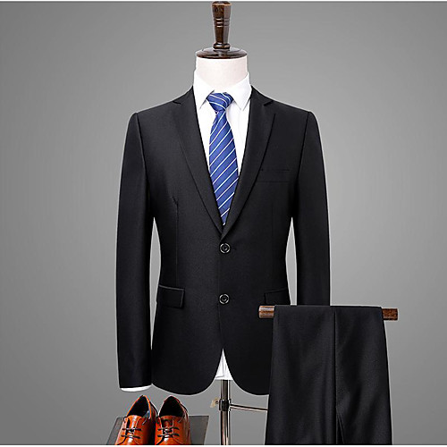 

Black Solid Colored Tailored Fit Cotton Suit - Notch Single Breasted Two-buttons / Suits