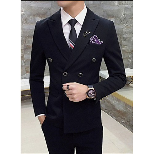

Black / Yellow / Red Solid Colored Tailored Fit Cotton Suit - Peak Double Breasted Four-buttons / Suits
