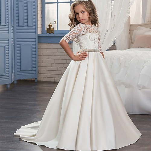 

Ball Gown Sweep / Brush Train Wedding / Birthday / Pageant Flower Girl Dresses - Matte Satin Half Sleeve Jewel Neck with Embroidery / Bandage