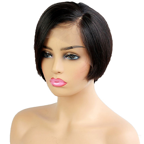 

Human Hair Lace Front Wig Side Part style Malaysian Hair Straight Black Wig 130% Density Women Women's Short Others Clytie