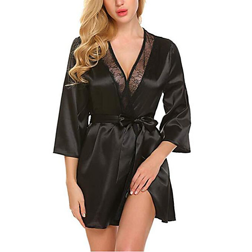 

Women's Lace / Bow Super Sexy Robes / Satin & Silk / Suits Nightwear Solid Colored White Black Red M L XL / Deep V/StayCation