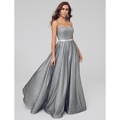 

A-Line Elegant Sparkle & Shine Formal Evening Dress Square Neck Sleeveless Floor Length Taffeta Sequined with Pleats Sequin 2021