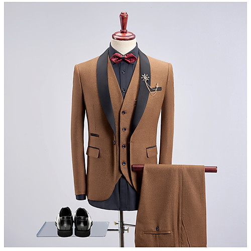 

Dark Green / Khaki / Royal Blue Solid Colored Slim Fit Cotton Suit - Shawl Collar Single Breasted One-button