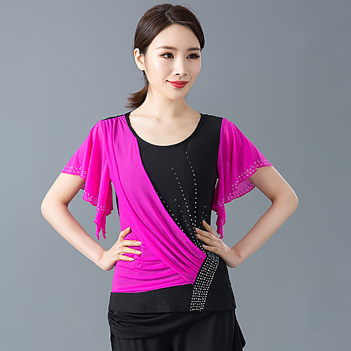 

Ballroom Dance Top Beading Tiered Women's Training Performance Short Sleeve Elastic Crystal Cotton Polyester