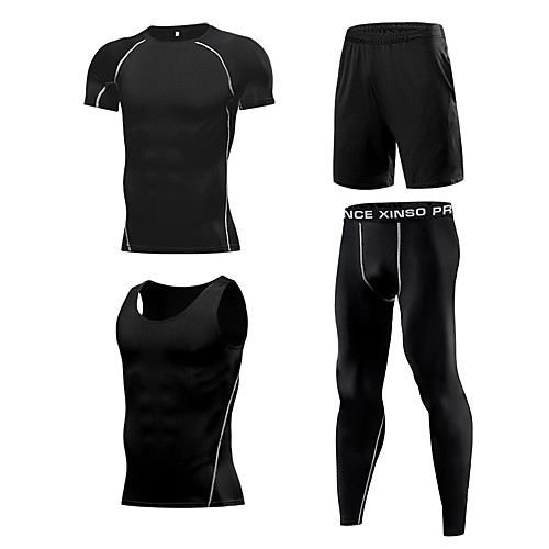 

Men's Patchwork Activewear Set Workout Outfits Compression Suit Athletic Athleisure 4pcs Long Sleeve Elastane Thermal Warm Moisture Wicking Quick Dry Fitness Gym Workout Running Active Training