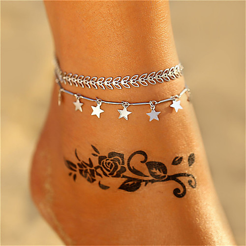 

Ankle Bracelet Bohemian Fashion Hotwife Women's Body Jewelry For Daily Holiday Double Layered Alloy Leaf Star Silver 2pcs