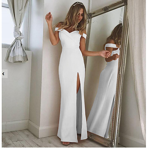 

Sheath / Column Minimalist Elegant Prom Formal Evening Valentine's Day Dress Off Shoulder Short Sleeve Floor Length Spandex with Split 2021
