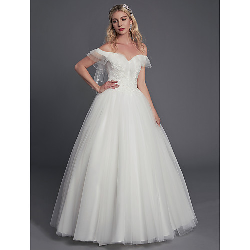 

Ball Gown Wedding Dresses Off Shoulder Floor Length Lace Tulle Sleeveless Sexy with Lace Ruffles 2021