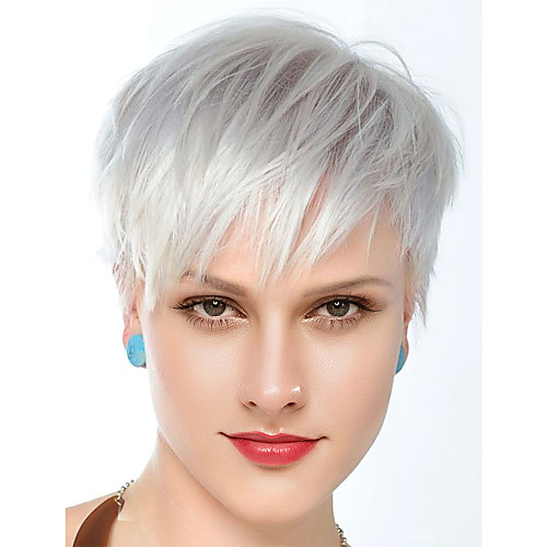 

Human Hair Blend Wig Short Straight Natural Straight Layered Haircut Silver New Comfortable African American Wig Capless Women's All Sliver White