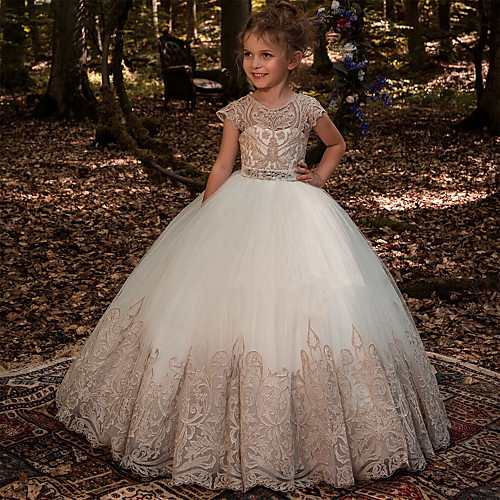 

Ball Gown Sweep / Brush Train Wedding / Birthday / Pageant Flower Girl Dresses - Lace / Tulle / Cotton Short Sleeve Jewel Neck with Lace / Belt / Embroidery