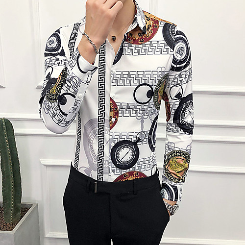 

Men's Geometric Print Shirt White / Red / Long Sleeve