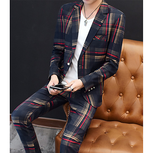 

Red / Green Striped Slim Fit Polyester Suit - Notch Single Breasted One-button