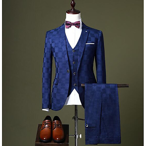 

Black / Burgundy / Royal Blue Checkered Tailored Fit Polyester Suit - Notch Single Breasted One-button