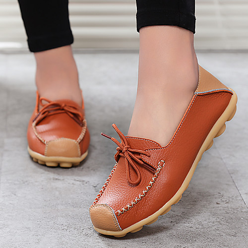 

Women's Loafers & Slip-Ons Spring / Summer Flat Heel Square Toe Casual Minimalism Daily Home Cowhide Walking Shoes Wine / White / Black