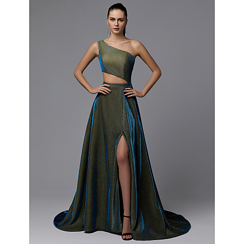 

A-Line Sparkle Green Prom Formal Evening Dress One Shoulder Sleeveless Court Train Sequined with Split Front 2021