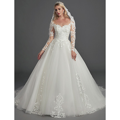 

Ball Gown Wedding Dresses Illusion Neck Chapel Train Lace Tulle Long Sleeve Glamorous See-Through Illusion Detail with Buttons Appliques 2021