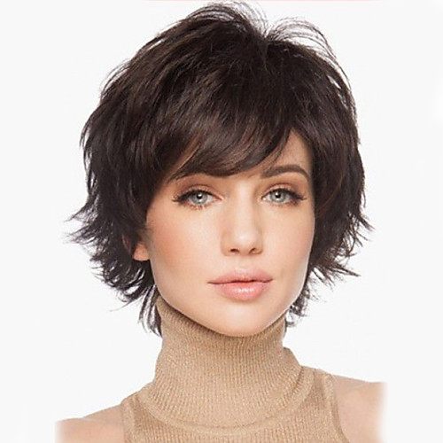 

Human Hair Blend Wig Short Curly Natural Wave Pixie Cut Layered Haircut Asymmetrical Brown Fashionable Design Adjustable Natural Hairline Capless All Women's Chestnut Brown Strawberry Blonde / Light