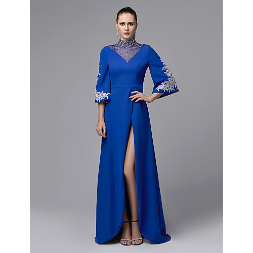 

A-Line Elegant & Luxurious Sparkle & Shine Formal Evening Dress High Neck Long Sleeve Sweep / Brush Train Chiffon with Beading Split Front 2021