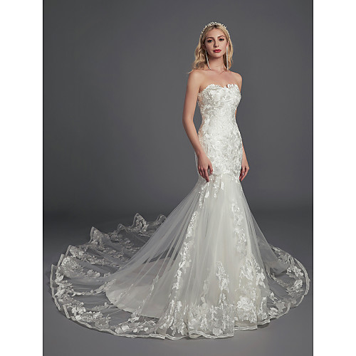 

Mermaid / Trumpet Wedding Dresses Strapless Sweep / Brush Train Lace Tulle Sleeveless Glamorous Illusion Detail with Lace Appliques 2021