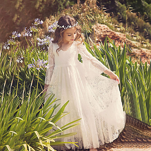 

Sheath / Column Maxi Wedding / Birthday / Holiday Flower Girl Dresses - Cotton / Lace 3/4 Length Sleeve V Neck with Lace