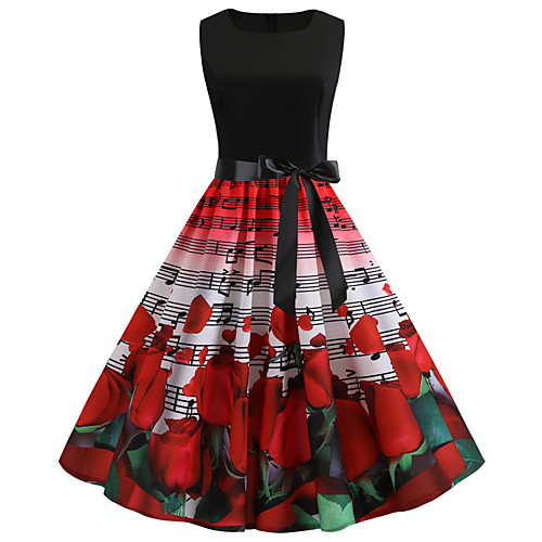 

Women's Sheath Dress Knee Length Dress Blue Red Sleeveless Floral Patchwork Print Fall Summer Round Neck Elegant Vintage 2021 S M L XL XXL