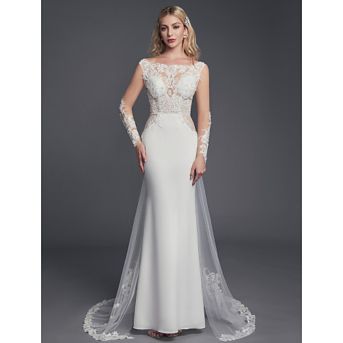 

Sheath / Column Wedding Dresses Scoop Neck Court Train Lace Tulle Long Sleeve Romantic Sexy Sparkle & Shine Modern Illusion Sleeve with Lace Beading 2021