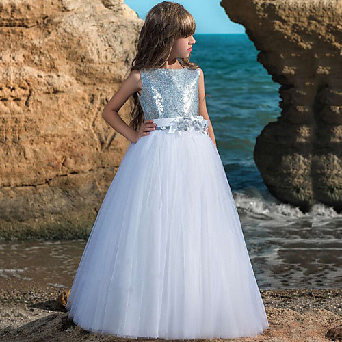 

Ball Gown Maxi Wedding / Birthday / Pageant Flower Girl Dresses - Tulle Sleeveless Boat Neck with Belt / Crystals / Rhinestones / Paillette