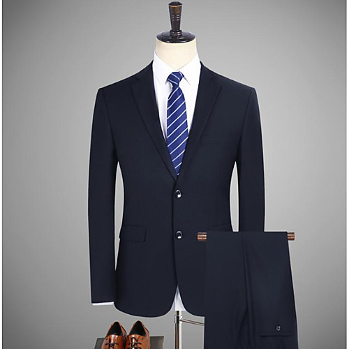 

Black / Navy Blue Solid Colored Tailored Fit Cotton Suit - Notch Single Breasted Two-buttons / Suits
