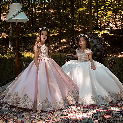 

Ball Gown Sweep / Brush Train Wedding / Birthday / Pageant Flower Girl Dresses - Lace / Satin Chiffon Cap Sleeve Jewel Neck with Acrylic / Appliques