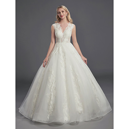 

Ball Gown Wedding Dresses V Neck Court Train Lace Organza Sleeveless Sexy See-Through Backless with Lace Beading 2021