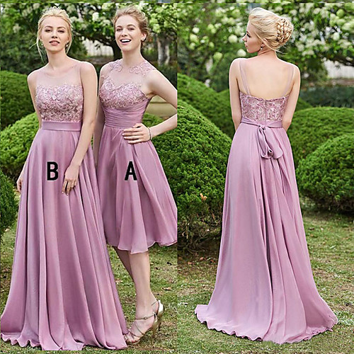 

A-Line Illusion Neck Sweep / Brush Train Chiffon / Lace Bridesmaid Dress with Lace