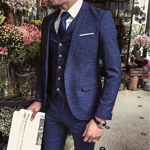 

Dark Navy Checkered Standard Fit Cotton Suit - Slim Notch Single Breasted One-button